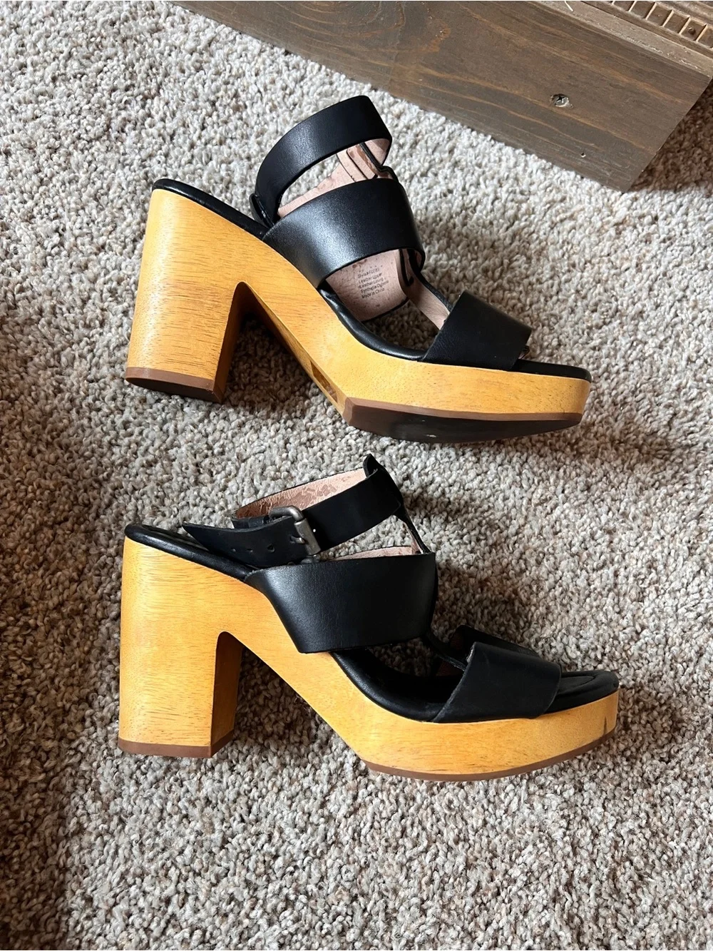 Black Leather Strappy Platform Sandals with Wood Heel